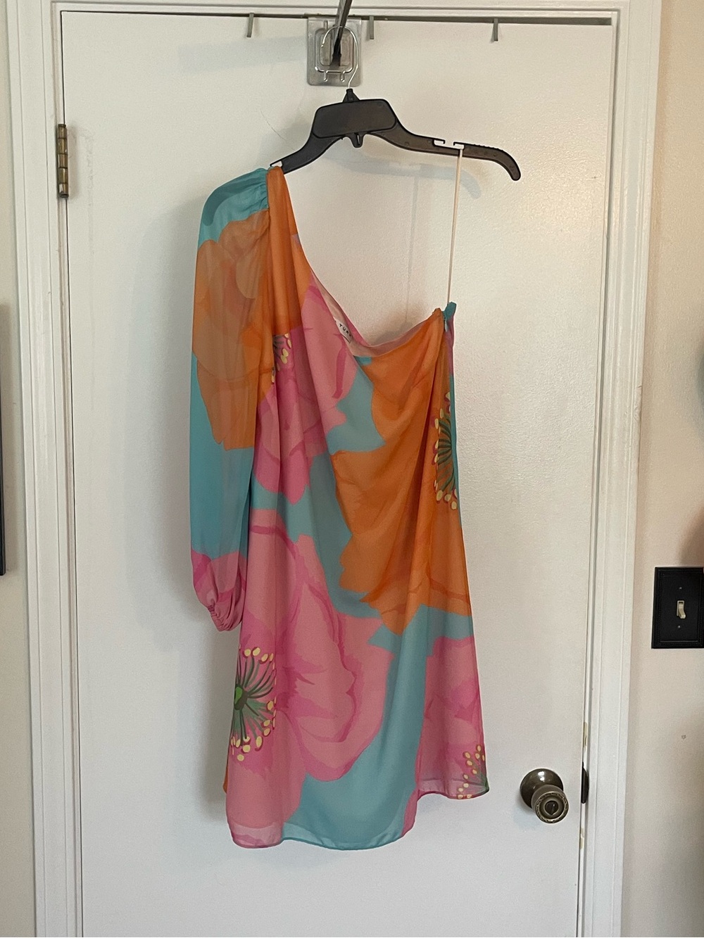 Trina Turk One-Shoulder Floral Mini Dress in Coral, Teal & Pink